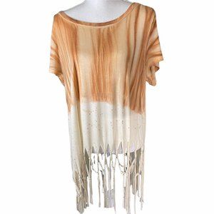 Entro Womens Dip Dye Orange Top braided fringe hem